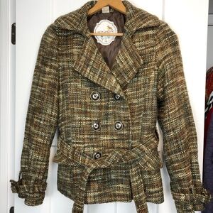 Anthropologie Nick And Mo Sz Med Double Breasted Wool Blend Retro Coat Fall Tie